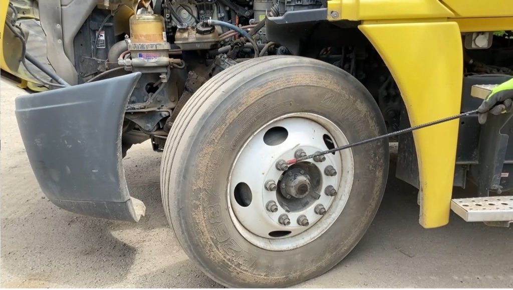 Closeup of semi truck wheel