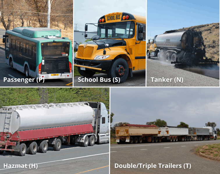 Collage of vehicles: passenger bus, school bus, hazmat truck, tanker, triple trailer