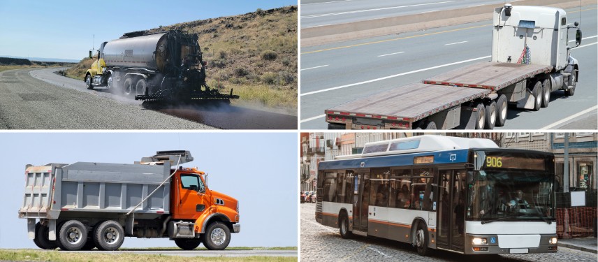 Collage of a dump truck, flatbed truck, city bus, and tanker truck