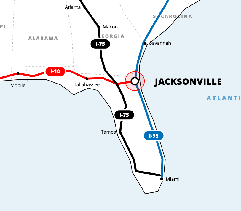 Map of the southeastern United States showing three major interstates near Jacksonville, Florida